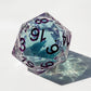 Green liquid core dnd dice with purple font for table games