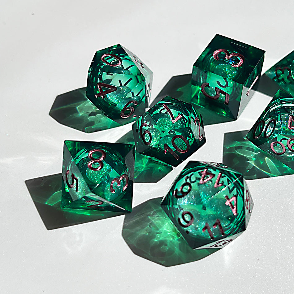 Handmade resin green liquid core dice set