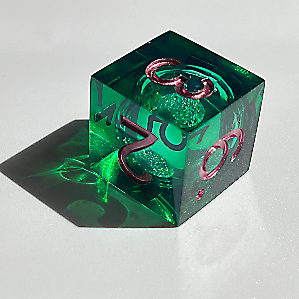 Handmade resin green liquid core dice set