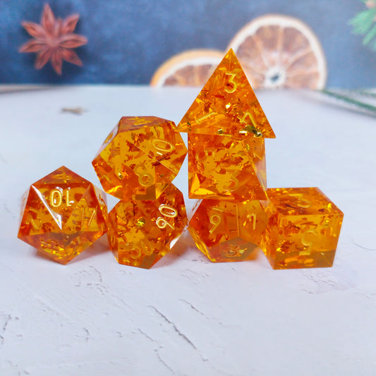 Handmade Dungeons and Dragons Dice, Sharp Edge Dice with Beautiful Inclusions (Citrine Color)