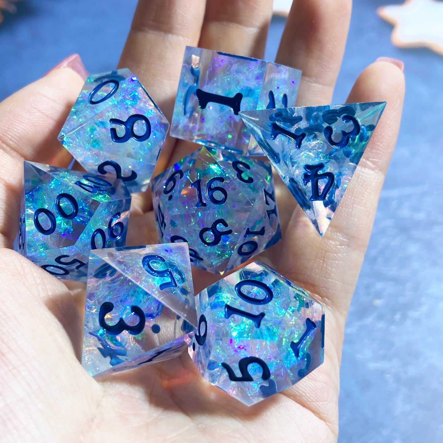 Handmade Transparent Dice with Glitter & Silver Blue Petal Dice