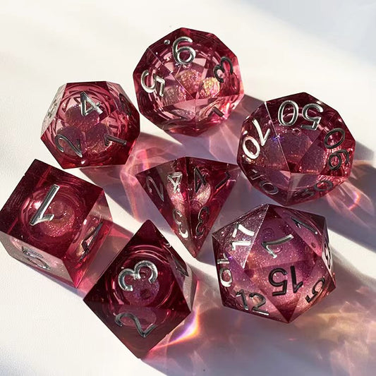 Glittering liquid core dice set for role playing games , pink red liquid core dice set