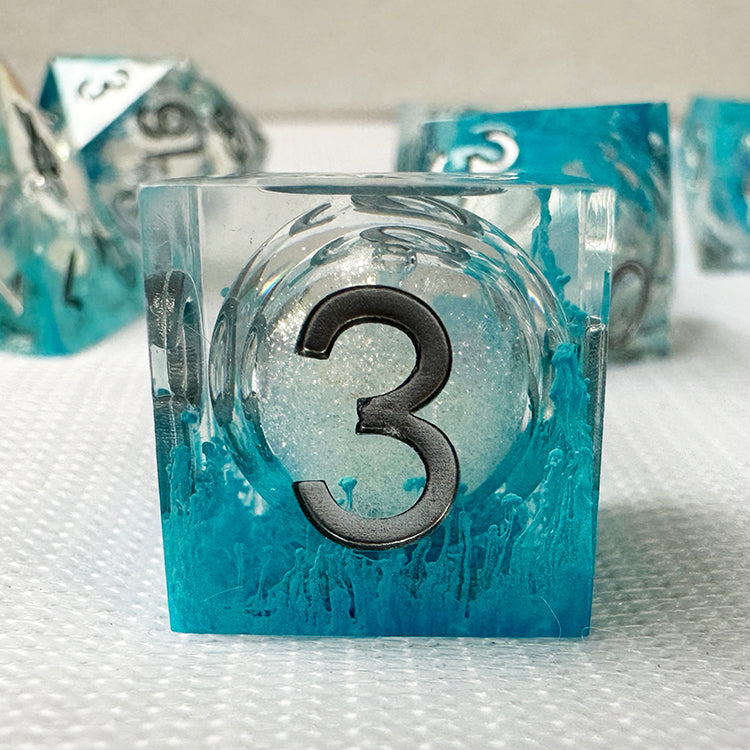 Dnd dice set liquid core for role playing games , Blue resin liquid core dice set