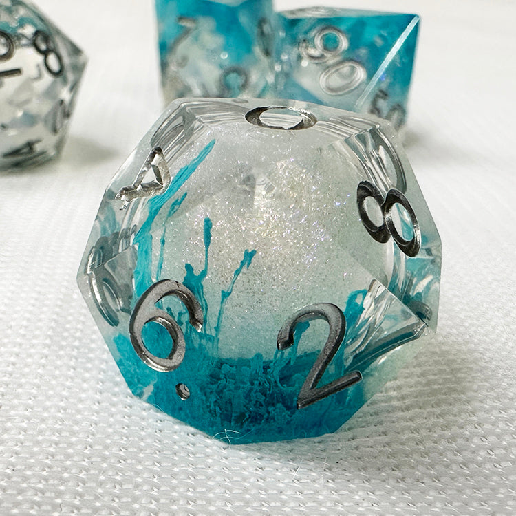 Dnd dice set liquid core for role playing games , Blue resin liquid core dice set